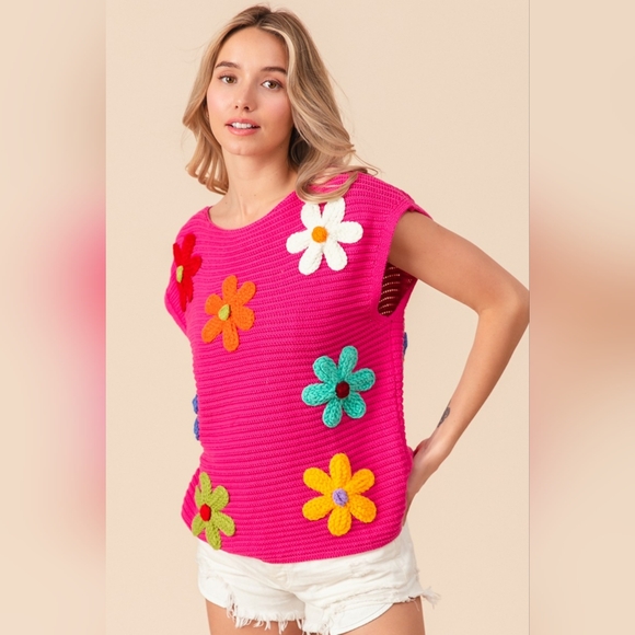 BiBi Flower Round Neck Cap Sleeve Knit Top - Picture 5 of 7